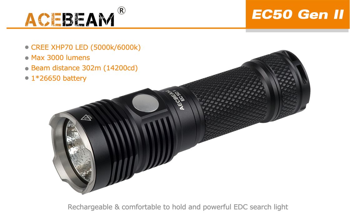AceBeam EC50 Gen II XHP70 3000 lumen rechargeable LED torch