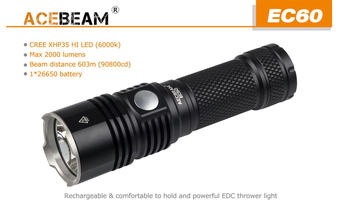 AceBeam EC60 XHP35 HI 2000 lumen 603m rechargeable LED torch